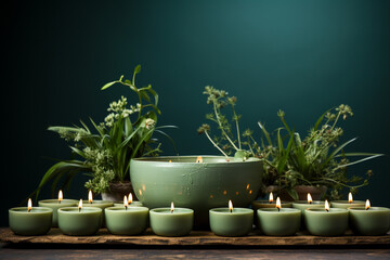 Wooden table, with green aromatic candles lit, with decorative plants, on a dark green background, generative AI