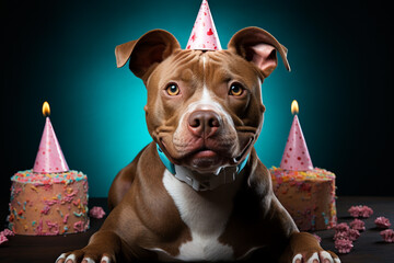Cute pitbull dog, lying down, on a table, celebrating his birthday, with a pink party hat, on a blue background, generative AI.