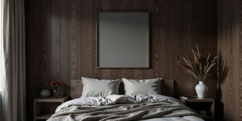 Serene Bedroom Mockup Minimalist Wooden Wall, Neutral Bedding, and Blank Canvas for Design Inspiration