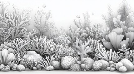 Intricate Black and White Illustration of Underwater Coral Reef Ecosystem with Diverse Marine Life Forms and Textures in a Stylized Artistic Representation