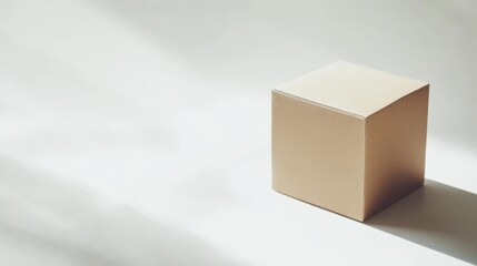 Minimalist Brown Cube on Soft White Surface with Gentle Shadows, Perfect for Packaging, Product Display, or Artistic Presentations in Stock Photography