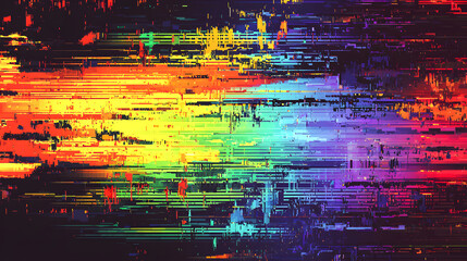 Colorful glitch art with pixelated horizontal stripes creating vibrant abstract design. dynamic colors evoke sense of energy and creativity