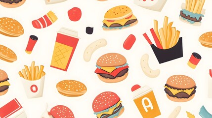 A Colorful Pattern Of Fast Food Burgers Fries And Drinks