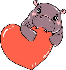 Cute Valentine Pygmy Hippo bites heart hand drawn doodle