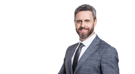 Businessman isolated on white. Business success. Successful CEO in suit. Confident entrepreneur. Business leadership. Man professional Hispanic CEO expressing success. Copy space banner