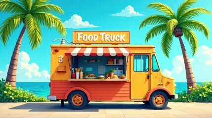 Vibrant seaside food truck serving delicious meals under sunny skies with lush palm trees