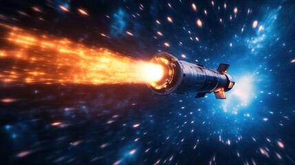 Rocket launching into space, fiery trail.