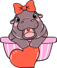 Girly Valentine Pygmy Hippo in bathtub with heart hand drawn doodle