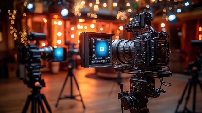 Professional Film Set with Multiple Cameras Capturing Live Event in a Beautifully Decorated Venue with Warm Lighting and Creative Bokeh Background