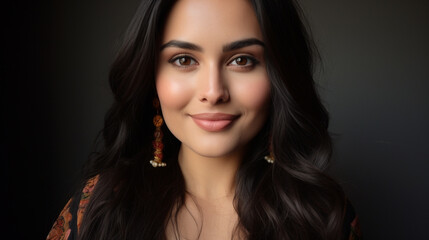 Cute girl with brown eyes and long dark hair, with large handmade earrings, generative AI