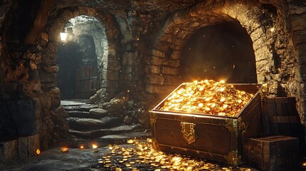 Naklejka premium Treasure discovery in an ancient dungeon fantasy adventure scene