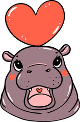 Cute Valentine Pygmy Hippo with heart hand drawn doodle