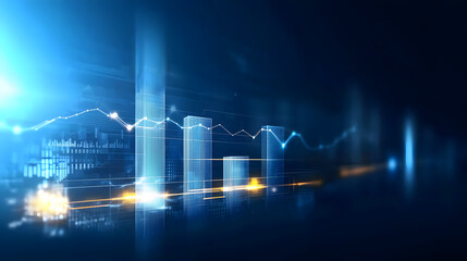 Naklejka premium dynamic bar graph with glowing upward trend, representing financial growth and data analysis in futuristic setting. blue tones create modern and professional atmosphere