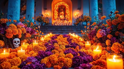A breathtaking altar featuring marigolds in vibrant colors surrounds candles glowing softly, creating an inviting pathway to honor and remember the departed during Dia de los Muertos.