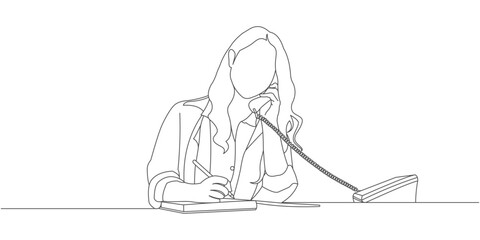 Vector Line Art Illustration of a Businesswoman Taking Notes While Talking on the Phone
