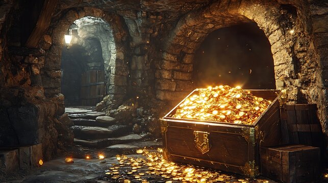 Treasure discovery in an ancient dungeon fantasy adventure scene
