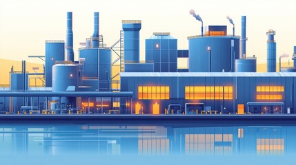 Industrial complex by river at sunset.