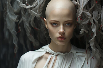 Portrait of a cute, thin, white-skinned woman with blue eyes, no hair, bald, wearing white clothes, with a serious look, generative IA.