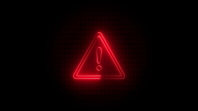 Animation of glowing neon Warning attention icon signal , alert , risk , safety, danger road warning sign animated .neon sign Warning alert icon isolated .
