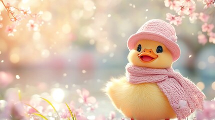 Charming baby duckling in pink attire nature photography spring close-up