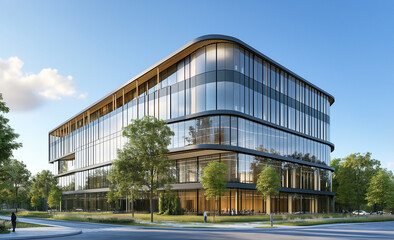 Fototapeta premium Modern glass office building with big trees around to reduce heat and carbon dioxide. Eco-friendly building and CO2 reduction corporate building. Sustainability concept