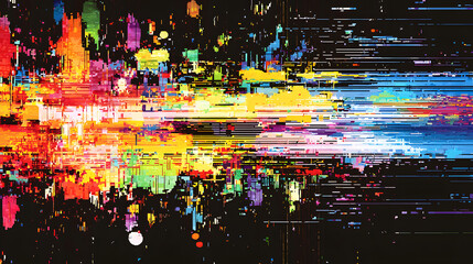 vibrant, retro inspired 8 bit glitch image featuring colorful streaks and patterns against dark background, evoking sense of digital chaos and creativity