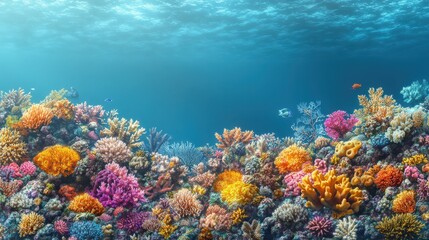 Naklejka premium Vibrant Coral Reef Underwater Landscape with Diverse Marine Life and Colorful Corals, Representing the Beauty and Biodiversity of Ocean Ecosystems