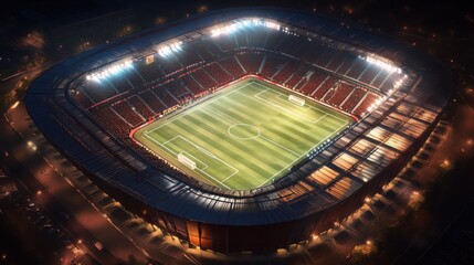 Night Stadium Aerial View: Soccer Field Brilliantly Lit