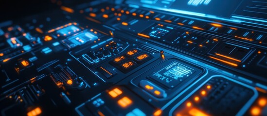 Obraz premium Futuristic tech interface with glowing blue and orange elements.