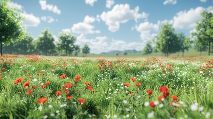 A vibrant field of wildflowers under a blue sky with fluffy clouds.