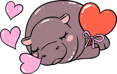 Cute Valentine Pygmy Hippo Sleeping in bathtub with heart hand drawn doodle