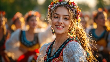 Fototapeta premium A young woman smiles brightly while dressed in vibrant traditional garments, surrounded by a group of dancers celebrating culture during a sunset festival filled with joy and color.
