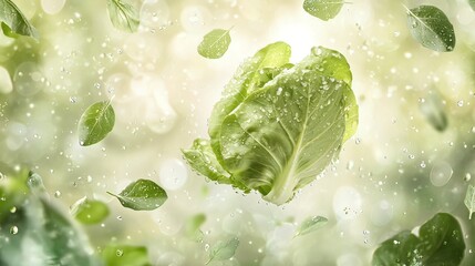 Obraz premium Fresh lettuce with water droplets falling, green leaves background.