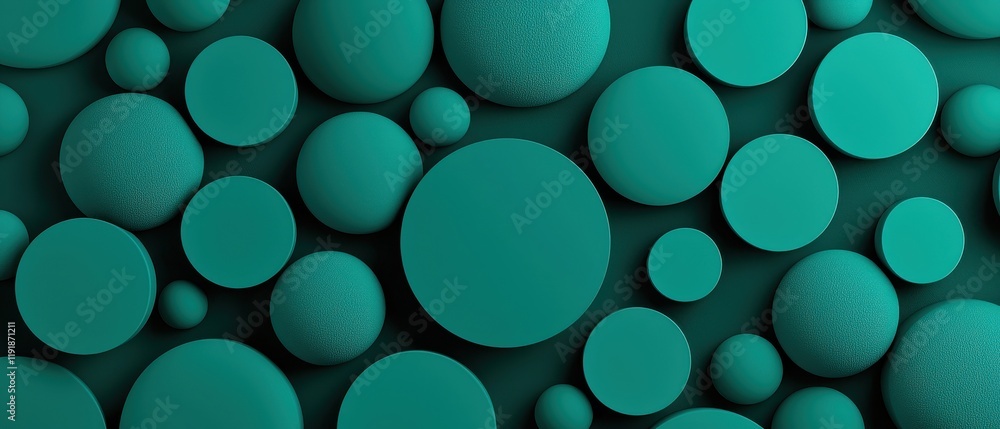 Poster abstract teal circles arranged in various sizes on a dark background.