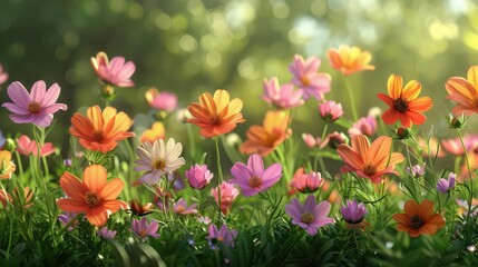 Obraz premium A vibrant field of colorful flowers in a sunlit environment, showcasing nature's beauty.