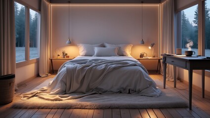 A tranquil bedroom bathed in warm light, featuring large windows that open up to a serene forest view. The cozy, comfortable space offers a perfect retreat for relaxation, with natural elements adding