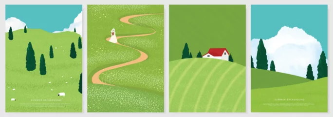 Gordijnen Abstract Green Summer landscape background vector set. Nature wallpaper of green field on mountain, flower, blue sky, girl, sheep. Watercolor illustration for cover, banner, wall art, decoration. © babeer