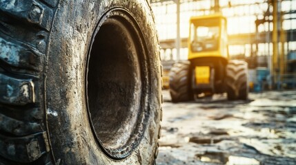 Fototapeta premium Close-Up of a Heavy Machinery Tire with Blurred Background of Industrial Warehouse and Construction Equipment During Golden Hour
