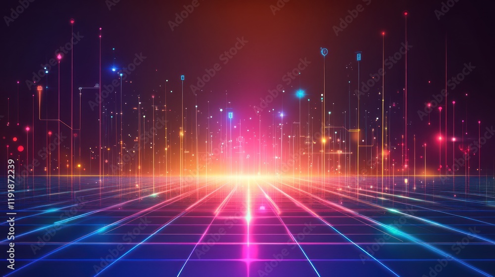 Poster futuristic glowing grid landscape with vibrant digital data streams.