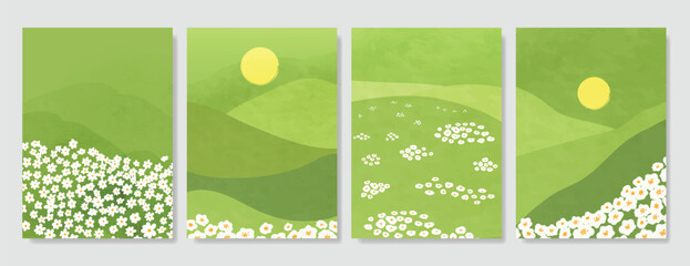 Abstract Green Summer landscape background vector set. Nature wallpaper of green field on mountain, daisy flowers, sky, sun, moon, meadow. Watercolor illustration for cover, wall art, decoration.