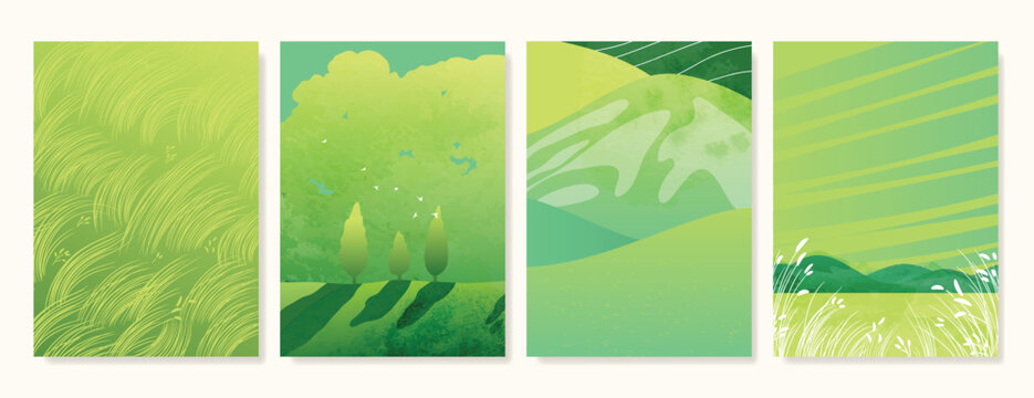 Abstract Green Summer landscape background vector set. Nature wallpaper of green field on mountain, bird, rice, weed, meadow. Watercolor illustration for cover, banner, wall art, decoration.