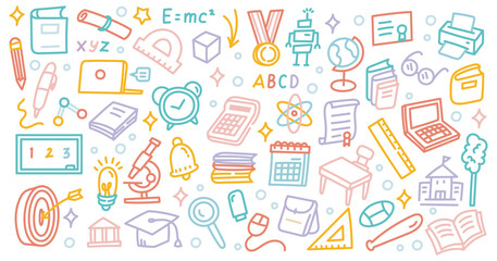Education Doodle Illustration | Colorful Hand-Drawn Line Art with School Supplies, Books, Science Icons, and Learning Tools in Vector Style
