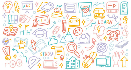 Education Doodle Illustration | Colorful Hand-Drawn Line Art with School Supplies, Books, Science Icons, and Learning Tools in Vector Style