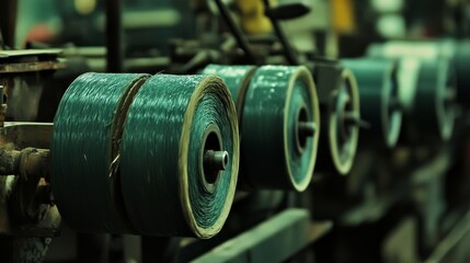 Obraz premium Close-Up View of Industrial Spools with Blue Thread in Manufacturing Facility, Showcasing Threads on Reels and Machinery in Background with Vibrant Colors and Textures