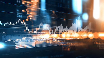 Dynamic financial data visualization with glowing graphs and charts