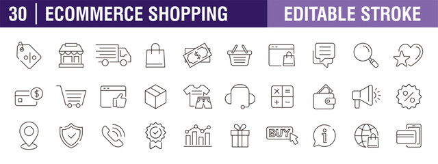 Collection of e-commerce and shopping icons. Store, shopping cart, discount, payment method. Vector design template, signs, symbols, editable stroke.