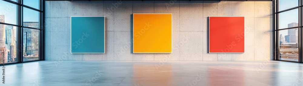 Poster three colorful abstract paintings displayed in a modern gallery with large windows.