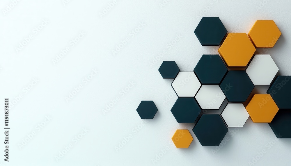 Poster abstract hexagonal shapes in various colors on a minimalist background.
