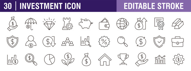 Collection of investment icons. Financial strategy, savings, credit score. Vector design template, signs, symbols, editable stroke.