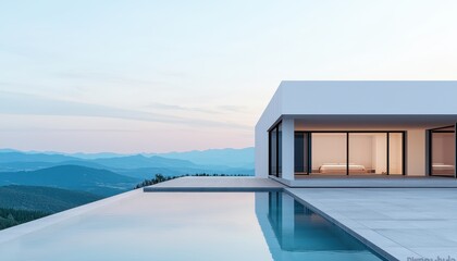 Fototapeta premium Modern villa with infinity pool overlooking a scenic landscape at sunset.